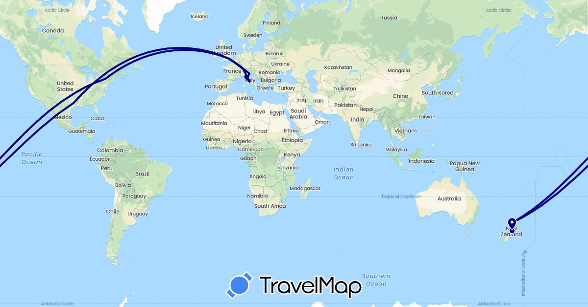 TravelMap itinerary: driving in Switzerland, United Kingdom, Italy, New Zealand, United States (Europe, North America, Oceania)